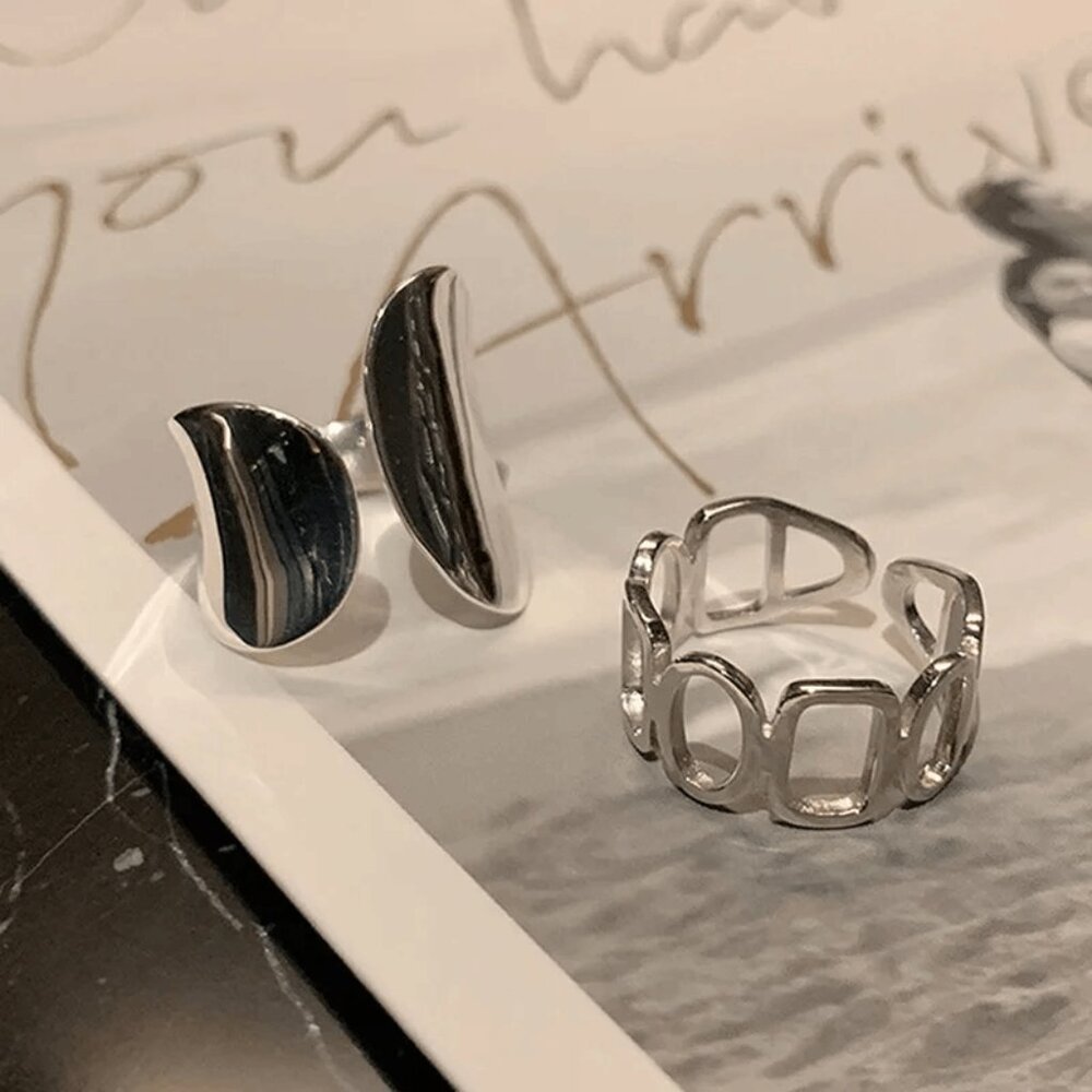 Set of Rings for Women Thick Shiny Color Silver Ring Irregular Fashion Geometric